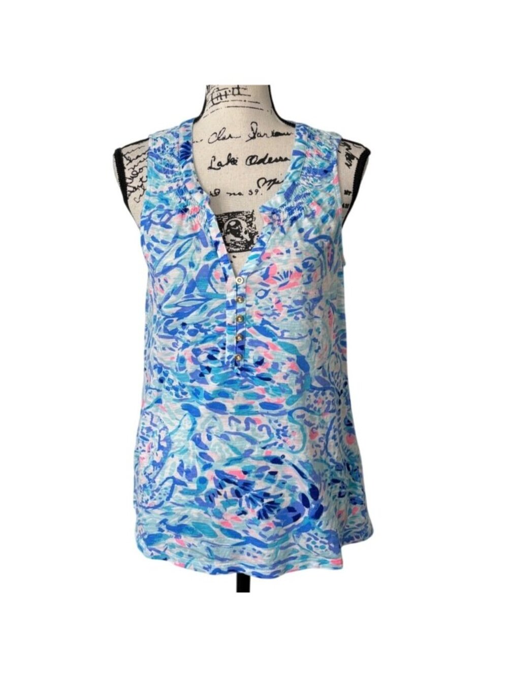 Lilly Pulitzer Womens Size M Essie Tank Sleeveless Blue Breakwater Top V-Neck